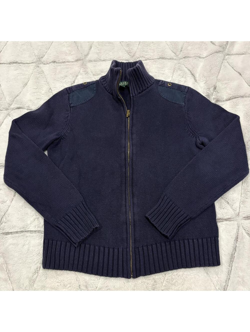 Lauren Ralph Lauren Preppy Navy Blue Women's Small Cotton Zip-Up Sweater Jacket